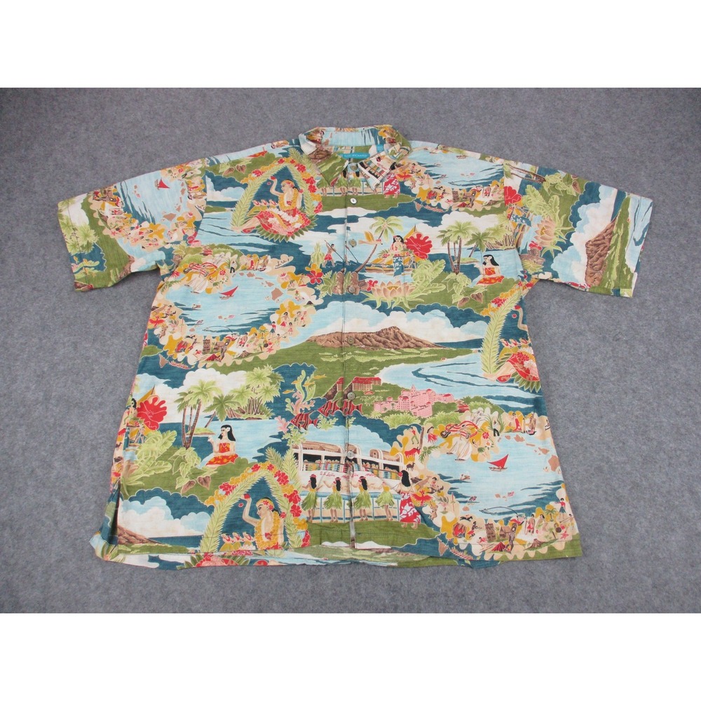 Tori Richard Shirt Mens XL Blue Red Island Scenic Hula Girl Button Up Hawaiian